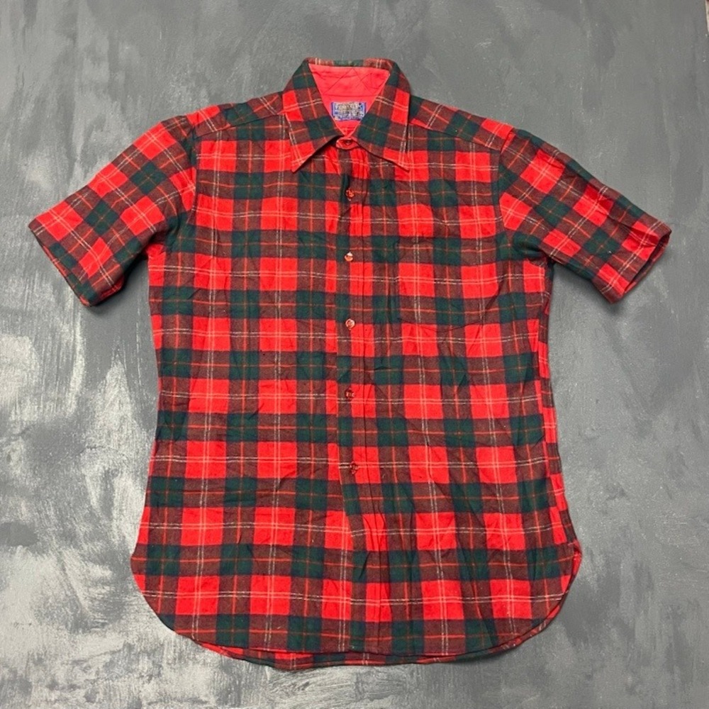 Vintage Pendleton Wool Shirt Large Red Plaid 1970s Good Short Sleeve Button Up